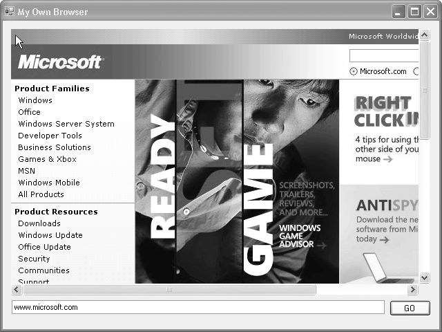 84 Visual C# 2005 Express Edition: Δημιουργήστε ένα πρόγραμμα ΤΩΡΑ! Εικόνα 4-4 Η εφαρμογή MyOwnBrowser παρουσιάζει το περιεχόμενο της τοποθεσίας Ιστού Microsoft.