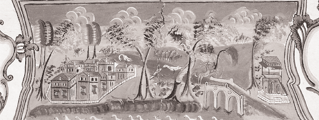 «Aρχιτεκτονικά» τοπία, ίσως άποψη του Γαλατά (πάνω) και του μικρού νησιού στο Bόσπορο (κάτω), τμήματα τοιχογραφικού διάκοσμου, 1844.
