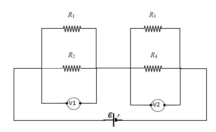 Δ2) Να βρείτε τις ενδείξεις των βολτομέτρων V 1 και V 2. Δ3) Nα βρείτε την ΗΕΔ της ηλεκτρικής πηγής, αν η εσωτερική της αντίσταση είναι r = 1 Ω.