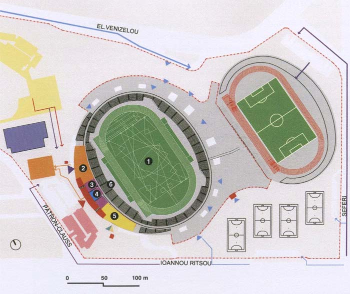 Παμπελοποννησιακό Στάδιο Main football field 68m x 107m and a 400-metres racetrack of 9 lanes Auxiliary football field, as well as a 400-metres racetrack of 8 lanes Επιφάνεια Οικοπέδου 155.