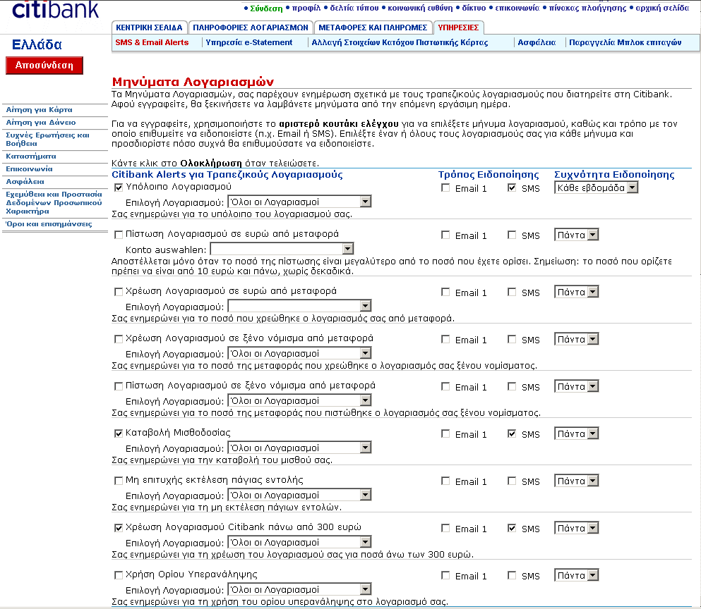 4. Υπηρεσία Citibank Alerts Διαμόρφωση προφίλ Σε αυτή την οθόνη μπορείτε