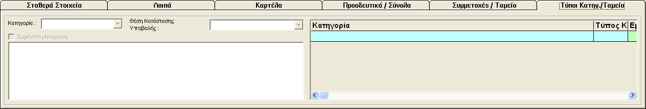 Φάκελος Τύποι Κατηγοριών / Ταμείο Στο φάκελο αυτό μπορείτε να ορίσετε την θέση εκτύπωσης στην κατάσταση υποβολής, κάποιων κατηγοριών για το ταμείο που έχετε επιλέξει.