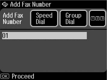 Broadcast Fax (Μετάδοση Φαξ) για τη λειτουργία Φαξ Μενού Στοιχείο ρύθμισης Περιγραφή Προσθ. αριθ. φαξ Ταχ. κλήση Επιλέξτε έναν αριθμό φαξ από τη Λίστα ταχ. κλ. Ομαδ.