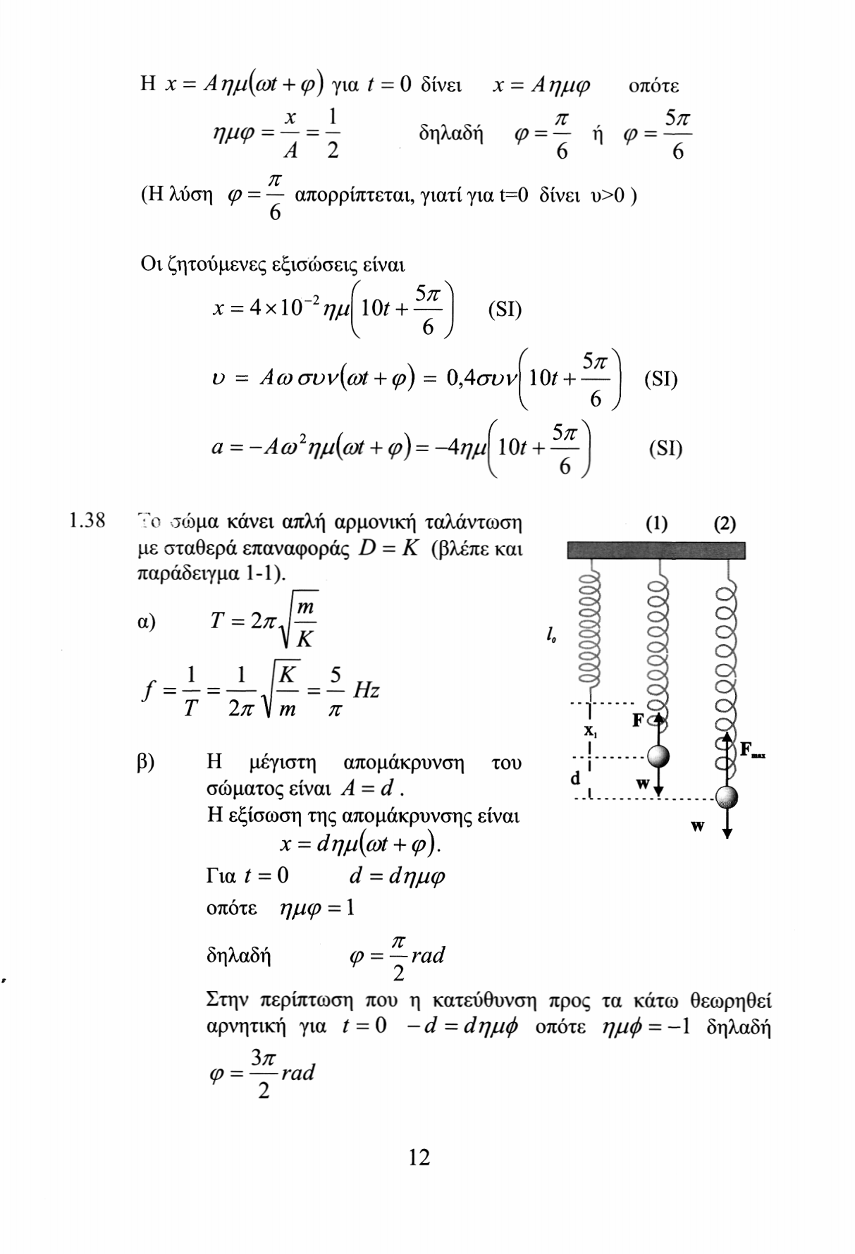 Η χ = Α ημ{ωί + φ) για t Ο δίνει χ - Α ημφ οπότε χ 1 π 5π ημφ sis- δηλαδή φ = ή φ = - Α 6 6 π (Η λύση φ = απορρίπτεται, γιατί για t=0 δίνει υ>0 ) 6 Οι ζητούμενες εξισώσεις είναι χ = 4 χ 10 ημ 10/ +