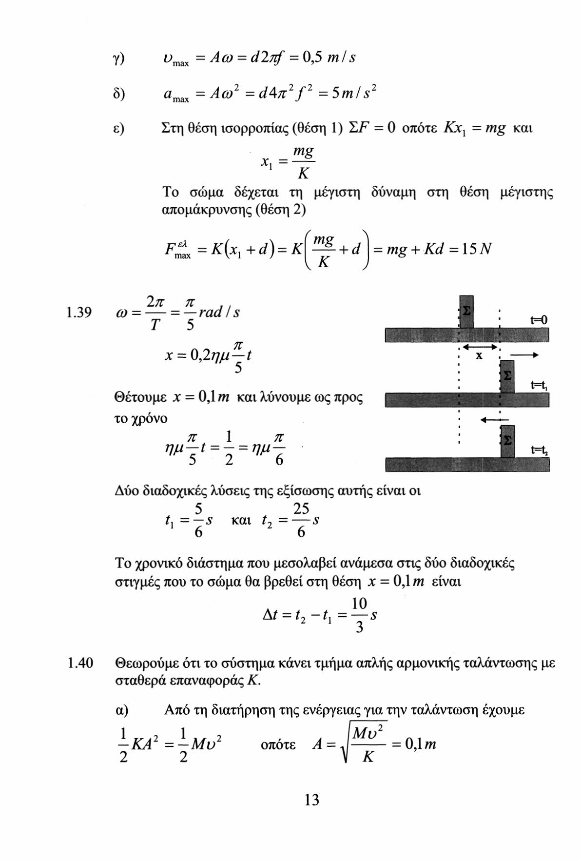Υ) ^mux = Αω = d/rf' = 0,5 mls δ) fl max = Αω 1 = d4 π f =5 mis ε) Στη θέση ισορροπίας (θέση 1) ZF = 0 οπότε Κχ χ - mg και mg χ, = 1 Κ Το σώμα δέχεται τη μέγιστη δύναμη στη θέση μέγιστης απομάκρυνσης