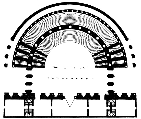 Το κοίλο (cavea) του θεάτρου με περίμετρο 140μ., εσωτερική διάμετρο 40μ. περίπου και εξωτερική 88μ.