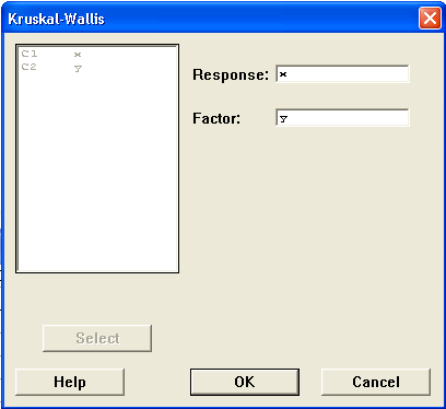 Στο πεδίο Response, δηλώνουμε την μεταβλητή x που περιέχει τις μετρήσεις και, στο πεδίο Factor, δηλώνουμε την μεταβλητή-δείκτη y της οποίας οι τιμές δείχνουν σε ποιο πληθυσμό αντιστοιχεί κάθε μέτρηση.