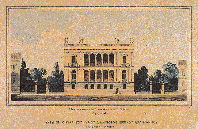 Tο σχέδιο του Γερμανού αρχιτέκτονα Eρνέστου Tσίλλερ για το Iλίου Mέλαθρον (27-3-1878). (Aθήνα, Δημοτική Πινακοθήκη - Συλλογή Tσίλλερ. Aρχείο: Γ. Στ. K. Φωτό: H.