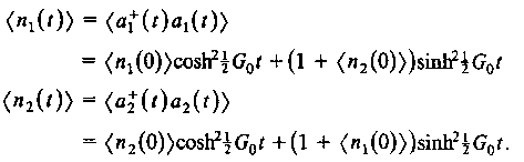 154 (9.50) Το αποτέλεσµα εδώ δείχνει ξεκάθαρα ότι ο αριθµός των φωτονίων στις ω 1 και ω 2 µπορεί να αυξηθεί από το µηδέν στην παραµετρική διαδικασία. Για <n 1 (0)> = 0 και <n 2 (0)> = 0, έχουµε (9.