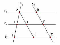 156 5.3 Εφαρµογές των παραλληλογράµµων Α3 Θεώρηµα 3 Αν τρεις τουλάχιστον παράλληλες ευθείες ορίζουν σε µία ευθεία ίσα τµήµατα τότε θα ορίζουν ίσα τµήµατα και σε κάθε άλλη ευθεία που τις τέµνει.