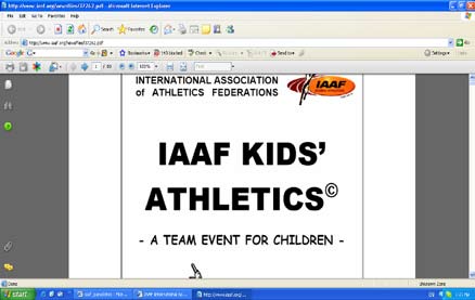 Η σελίδα με τα περιεχόμενα του προγράμματος IAAF Kids Athletics. Στη δεξιά στήλη παρατείθενται τα αρχεία PDF που μπορεί κάποιος να κατεβάσει.