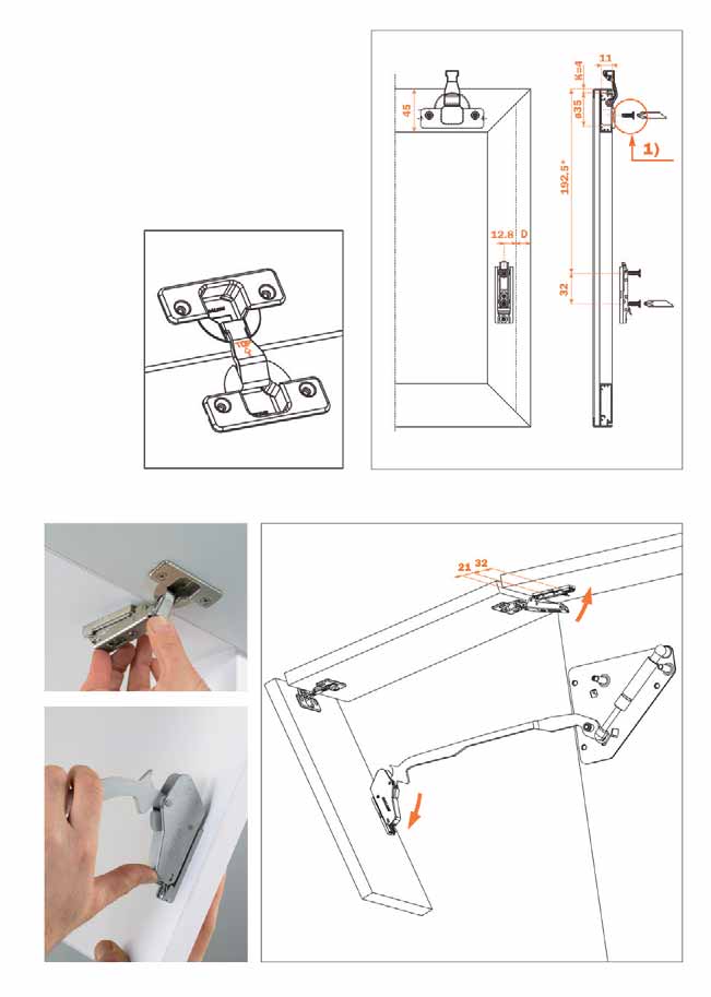.13 Μηχανισμοί ανακλινόμενων πορτών SALICE Οδηγίες τοποθέτησης συστήματος FOLDING DOOR (κατόπιν παραγγελίας) Πόρτα κάτω με κορνίζα αλουμινίου (min. πλάτους 45mm).