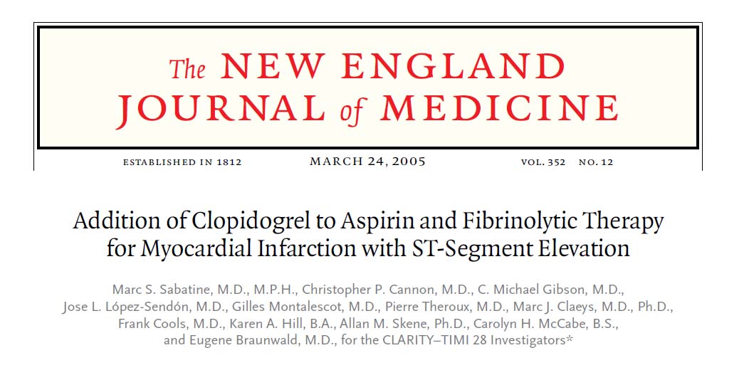 N Engl J Med 2005;352:1179 1189 ΗμελέτηCLARITY-TIMI 28 μελέτησε την ευεργετική επίδραση της κλοπιδογρέλης σε ασθενείς με STEMI που ελάμβαναν ινωδολυτική αγωγή συμπεριλαμβανομένης της ασπιρίνης Τα