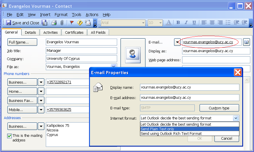 2.1.1. Microsoft Office Outlook 2003 Αμ ο παραλήπηης είμαι ζηο Address Book ζας Ακμίληε ημ Address Book ημο Outlook παηώκηαξ Tools ->