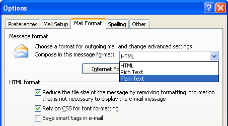 Αλλαγή προεπιλεγμέμοσ ηρόποσ αποζηολής Επηιέληε Tools -> Options -> Mail Format. Σημ πεδίμ «Message format» -> «Compose in this message format:» δηαιέληε Plain Text θαη παηήζηε ΟΚ. 2.1.3.