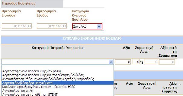 Η συγκεκριµένη περιοχή εµφανίζεται όταν επιλεχθεί στην Κατηγορία Κλειστού Νοσηλίου η επιλογή Συνολικό. Επιλέξτε το πακέτο νοσηλείας από την drop-down λίστα Κατηγορία Ιατρικής Υπηρεσίας.