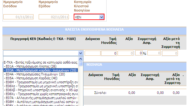 Η συγκεκριµένη περιοχή εµφανίζεται όταν επιλεχθεί στην Κατηγορία Κλειστού Νοσηλίου η επιλογή ΚΕΝ.