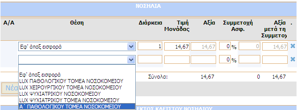 στο πεδίο ιάρκεια. Οι υπόλοιπες στήλες (Τιµή Μονάδας, Αξία, Συµµετοχή Ασφ., Αξία µετά τη Συµµετοχή) συµπληρώνονται αυτόµατα από το σύστηµα µε βάση τον τιµοκατάλογο που είναι σε ισχύ.