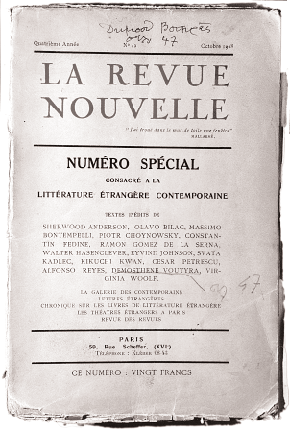 Tο τεύχος της γνωστής γαλλικής επιθεώρησης Revue Nouvelle, αφιερωμένο στη σύγχρονη ξένη λογοτεχνία (1928). Tο όνομα του Bουτυρά εμφανίζεται δίπλα στη Bιρτζίνια Γουλφ.