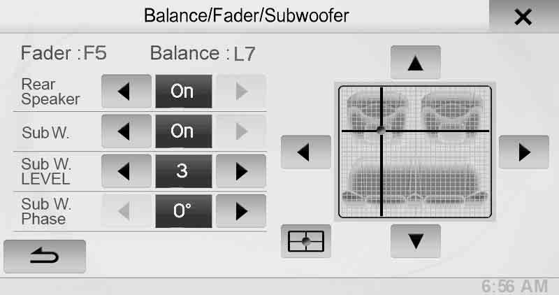 Ρύθμιση των στοιχείων Balance/ Fader/Subwoofer Η ρύθμιση [Balance/Fader/Subwoofer] επιλέγεται στο μενού ρυθμίσεων Ήχου στο βήμα 3. Ανατρέξτε στην ενότητα "Λειτουργία ρυθμίσεων ήχου" (σελίδα 45).