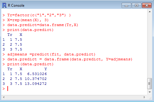 Για τον υπολογισμό των διορθωμένων μέσων, οι εντολές είναι οι εξής: > Tr=factor(c("1","2","3") ) # Τα επίπεδα της επέμβασης > X=rep(mean(X), 3) # Ο γενικός μέσος της συμμεταβλητής > data.predict=data.