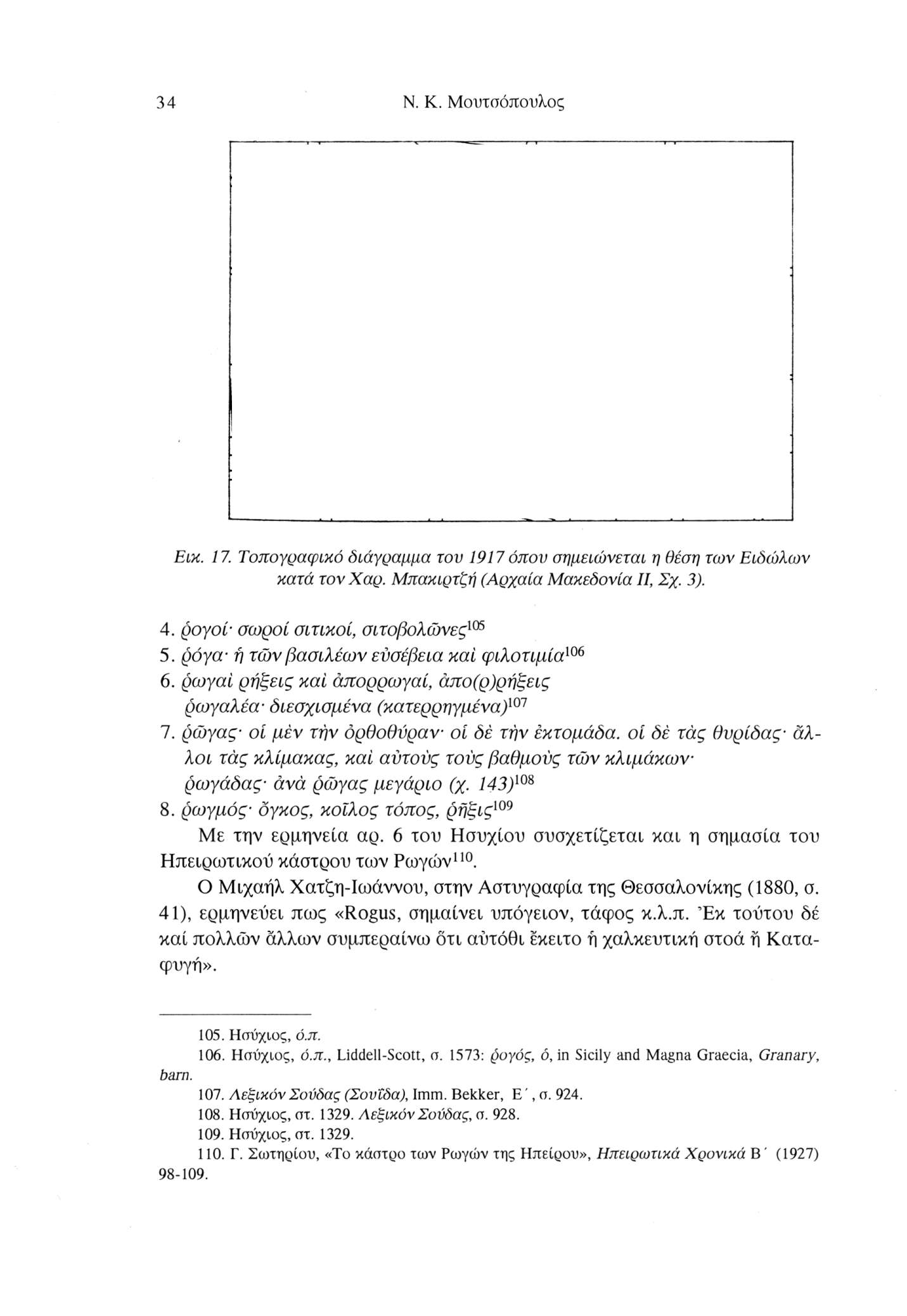 34 N. K. Μουτσόπουλος Εικ. 17. Τοπογραφικό διάγραμμα του 1917 όπου σημειώνεται η θέση των Ειδώλων κατά τονχαρ. Μπακιρτζή (Αρχαία Μακεδονία II, Σχ. 3). 4. ρογοί- σωροί σιτικοί, σιτοβολώνες105 5.