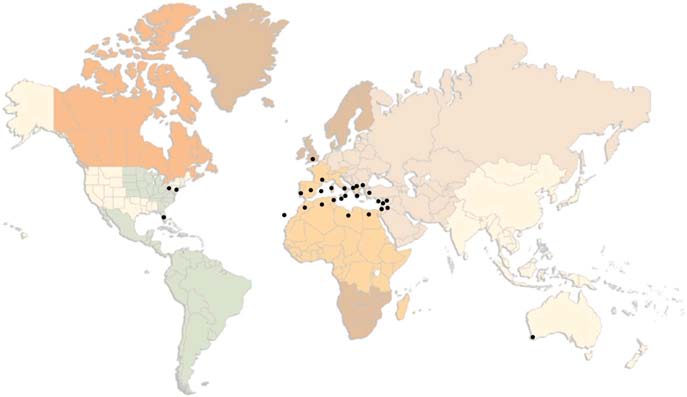 Εικόνα 12. Γεωγραφική εξάπλωση του φυτού D. viscosa. Βόρεια Αφρική: Αλγερία, Αίγυπτο, Λιβύη, Μαρόκο, Τυνησία. Δυτική Ασία: Ισραήλ, Ιορδανία, Λίβανο, Συρία, Τουρκία.
