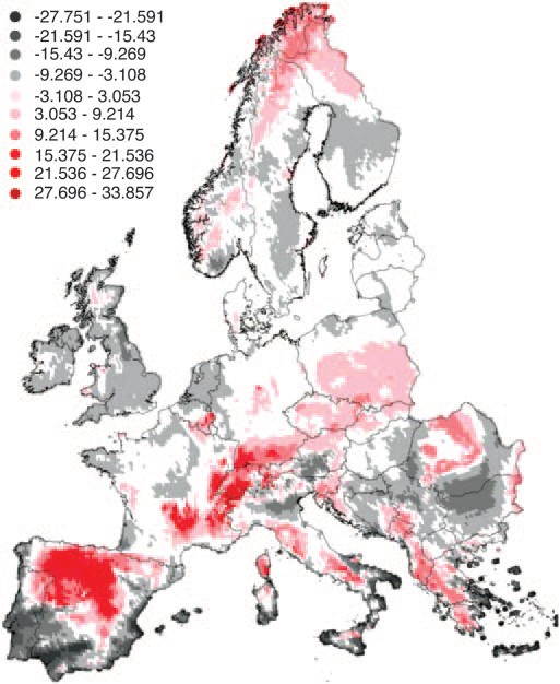 Πρόβλεψη επιπτώσεων της κλιματικής αλλαγής στον πλούτο ειδών στην Ευρώπη έως το έτος 2080 Με κόκκινο χρώμα