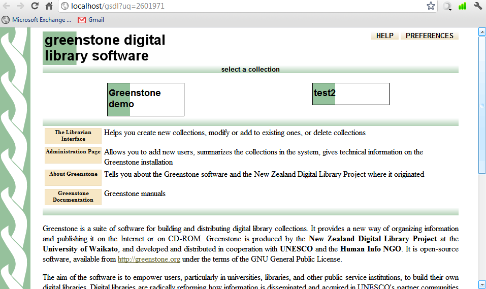 Εικόνα 15: Αρχική σελίδα του Greenstone ύστερα από την δημιουργία της νέας συλλογής (test2). 2.
