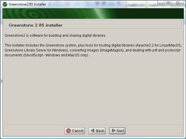 Εικόνα 2: 2ο Βήμα Εγκατάστασης (Greenstone 2.85 installer). Εικόνα 3: 3ο Βήμα Εγκατάστασης (Software License).
