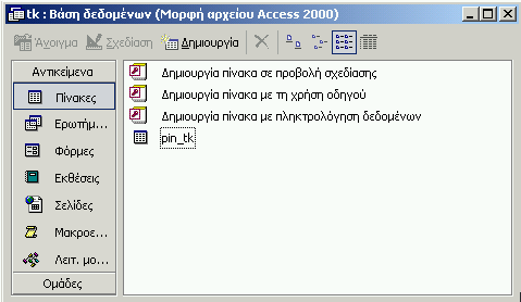 Στο παράθυρο της ΒΔ εμφανίζεται τώρα και το όνομα του πίνακα που μόλις δημιουργήσαμε: Αν θέλουμε να εισάγουμε