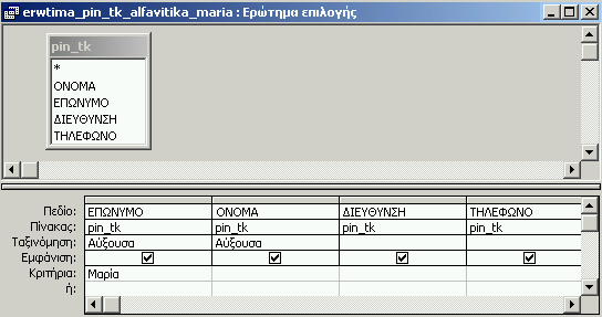 Επομένως αν θέλουμε αλφαβητισμό πρώτα με βάση το ΕΠΩΝΥΜΟ και κατόπιν με βάση το ΟΝΟΜΑ, θα πρέπει το πεδίο ΕΠΩΝΥΜΟ να βρίσκεται αριστερότερα από το πεδίο ΟΝΟΜΑ.