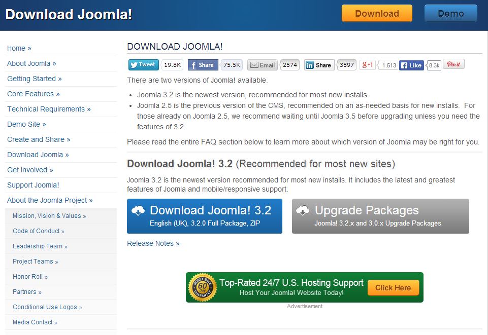 2.2 Εγκατάσταση του Joomla Για να εγκαταστήσουμε το Joomla ακολουθούμε τα εξής βήματα : 1.Κατεβάζουμε την έκδοση που θέλουμε από την διεύθυνση www.joomla.org/download.html.