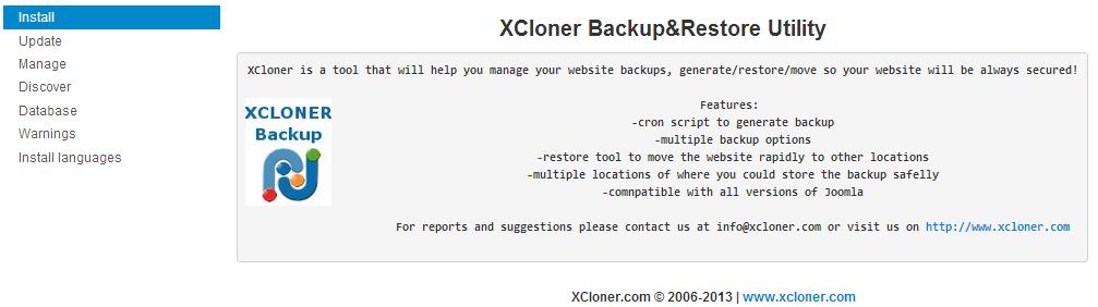 4.7.5 XCloner Backup&Restore Utility Το XCloner είναι εφαρμογή ανοιχτού κώδικα δημιουργίας αντιγράφων ασφαλείας για το Joomla.