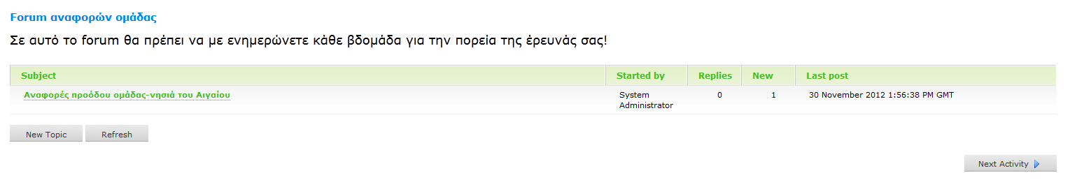 Η παρακάτω δραστηριότητα (forum) θα χρησιμοποιείται από τον μαθητή-ές της ομάδας στο τέλος κάθε βδομάδας για την ενημέρωση του εκπαιδευτικού σχετικά με την πορεία της έρευνάς τους.