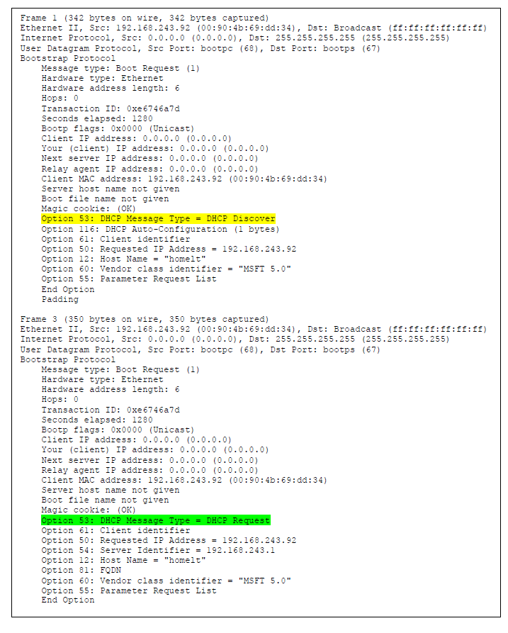 4.Oι τιμές του μηνύματος DCHP Discover βρίσκονται στο Option 53: DHCP Message Type. 5.Η τιμή του πεδίου είναι 0xe6746a7d. Η τιμή του πεδίου στο δεύτερο σύνολο μηνυμάτων DCHP είναι 0xe4eff25f.