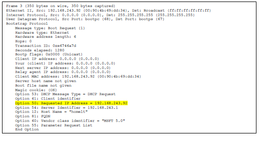 11. Στο δικό μας πείραμα ο host ζητά την προσφερόμενη IP διεύθυνση στο DHCP Request μύνημα 12. Ο χρόνος μίσθωσης είναι το σύνολο του χρόνου που ο DHCP server αναθέτει μια ΙΡ διεύθυνση στον client.
