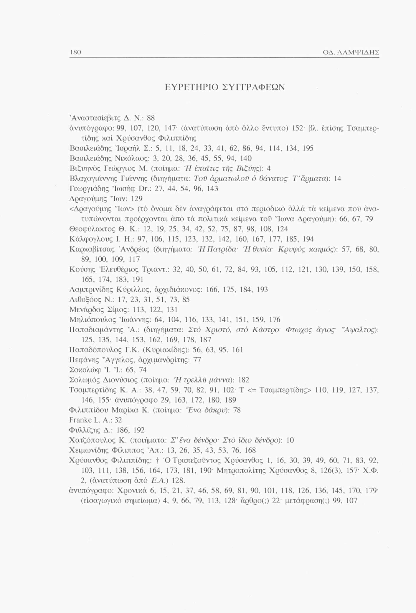 180 ΟΔ. ΛΑΜΨΙΔΗΣ ΕΥΡΕΤΗΡΙΟ ΣΥΓΓΡΑΦΕΩΝ Άναστασίεβιτς Δ. Ν.: 88 άνυπόγραφο: 99, 107, 120, 147 (άνατύπωση άπό άλλο έντυπο) 152- βλ. έπίσης Τσαμπερτίδης καί Χρύσανθος Φιλιππίδης Βασιλειάδης Ισραήλ Σ.
