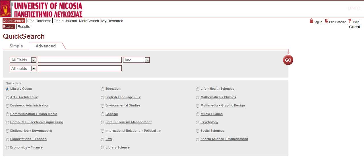 2.1.2 Advanced Quick Search Σύνθετη Γρήγορη Αναζήτηση Η σύνθετη γρήγορη αναζήτηση παρέχει περισσότερες δυνατότητες από την απλή, όπως αναζήτηση με τίτλο, θέμα, συγγραφέα ή άλλα πεδία ή χρήση τελεστών