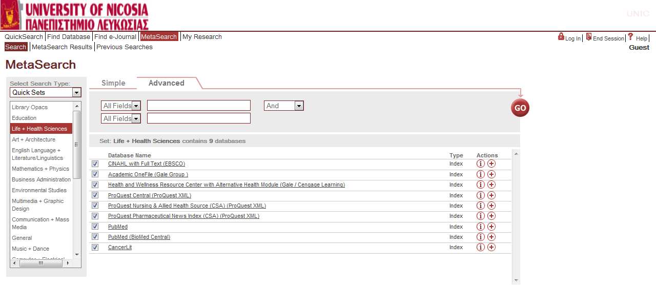 2.2.2 Advanced MetaSearch- Σύνθετη Μετα-αναζήτηση Η σύνθετη μετα-αναζήτηση λειτουργεί όπως η απλή μετα-αναζήτηση αλλά σας επιτρέπει να καθορίσετε τα πεδία αναζήτησης (τίτλος, συγγραφέας, θέμα ) και