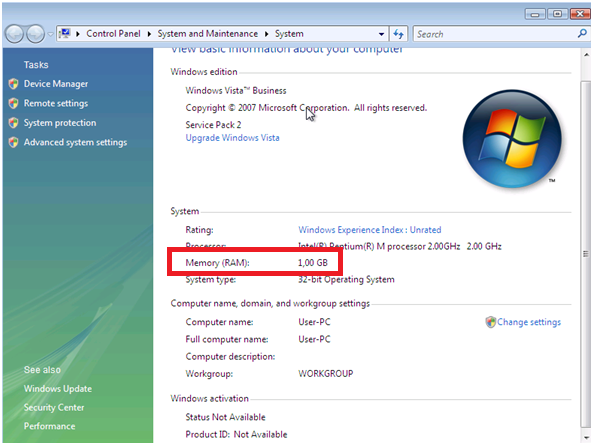 Windows Vista: 5.4 Κάντε δεξί κλικ στο My Computer 5.5 Επιλέξτε Properties. 5.6 Η εγκατεστημένη μνήμη φαίνεται στην Εικόνα 19 (μαρκαρισμένο με κόκκινο). Στην συγκεκριμένη περίπτωση είναι 1GB.