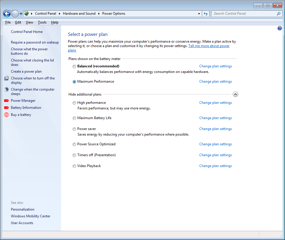 Windows 7: 13.6 Από το Control Panel επιλέξτε Power Options. 13.7 Από το παράθυρο που εμφανίζεται επιλέξτε Maximum Performance όπως την Εικόνα.