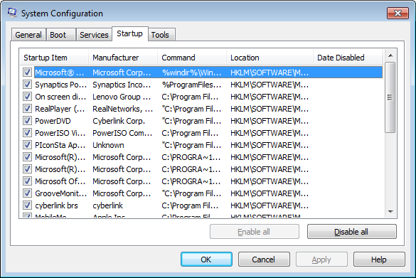 Windows 7: 16.7 Στο Search Box του Start και πληκτρολογήστε msconfig. 16.8 Κάντε κλικ στο msconfig. 16.9 Επιλέξτε την καρτέλα Startup και απενεργοποιήστε πρόγραμμα ή προγράμματα από τον κατάλογο που δεν θέλετε να ξεκινούν με την εκκίνηση του υπολογιστή.