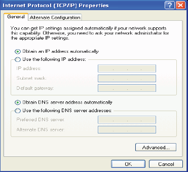 Επιλέξτε Obtain an IP address automatically (αυτόµατη απόδοση διεύθυνσης IP) και Obtain