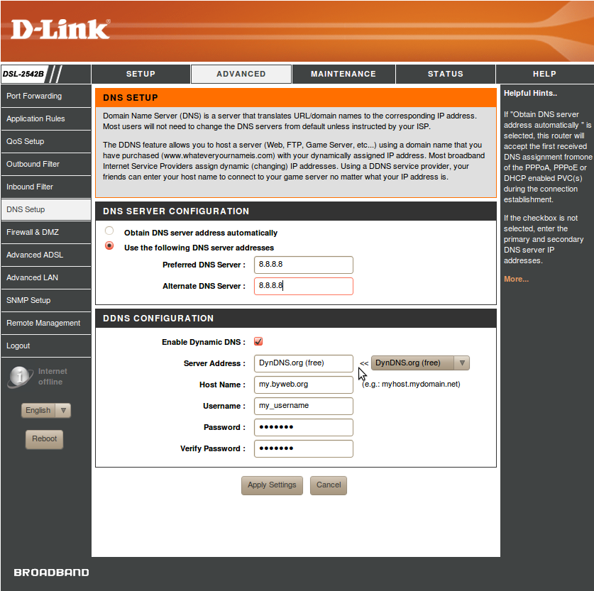 DYNDNS Αυτή η εικόνα δείχνει την οθόνη του δρομολογητή για τις ρυθμίσεις DNS και την πιθανή χρήση των υπηρεσιών δυναμικού DNS (π.χ. DynDNS).