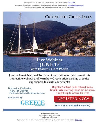 Webinars Το 1 ο webinar Greece a World of Destination παρουσιάστηκε σε αμερικανικό trade. Δήλωσαν συμμετοχή 800 πράκτορες και επιχειρηματίες του κλάδου.