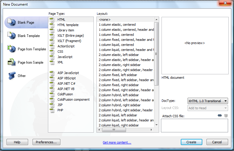 (βλ. Εικόνα 1) και διαλέξτε την επιλογή Create. Με αυτό το τρόπο θα δημιουργήσετε μια κενή ιστοσελίδα στο Dreamweaver. Εικόνα 1. Menu επιλογών New Document Τοποθετήστε το δείκτη του ποντικιού στην αρχή του παραθύρου σχεδιασμού και από το menu επιλογών «Insert» διαλέγουμε την εντολή «Table».