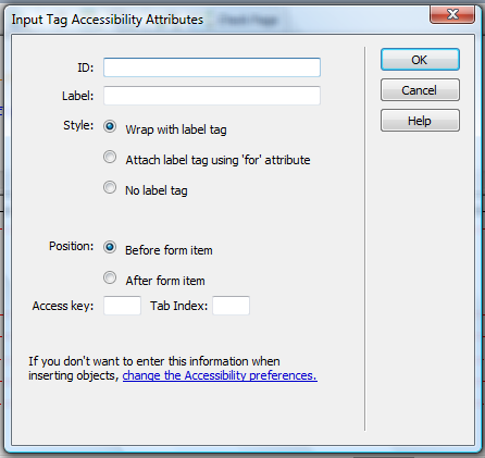 Στο menu επιλογών «Input Tag Accesibility Attributes» της εντολής «Text Field» που ακολουθεί (βλ.
