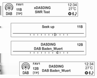 84 Ραδιόφωνο Αυτόματη αναζήτηση στοιχείου υπηρεσίας DAB Αναζήτηση ραδιοφωνικού σταθμού Αναζήτηση ensemble DAB Πατήστε τα κουμπιά dseekc για να γίνει αυτόματη αναζήτηση του στοιχείου διαθέσιμης