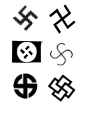 1. Νεοναζιστικά και Ρατσιστικά ύμβολα βάστικα: Η σβάστικα αποτελούσε το επίσημο έμβλημα του Εθνικοσοσιαλιστικού Κόμματος της Γερμανίας, το NSDAP. Φρησιμοποιείται σε διάφορες παραλλαγές.